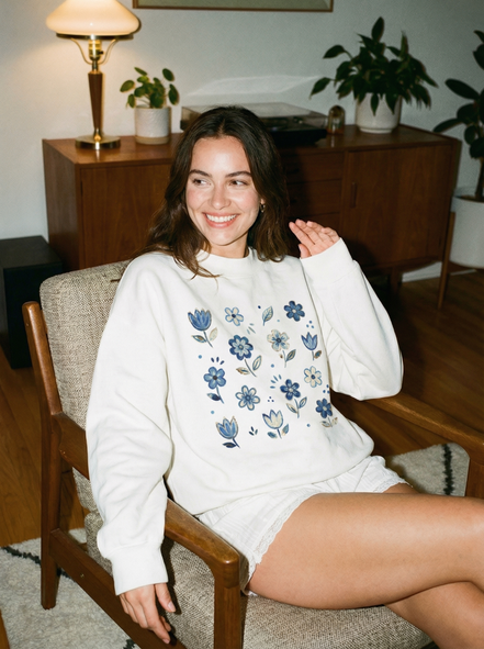 Nostalgic Floral Mock-Neck Crew Sweatshirt