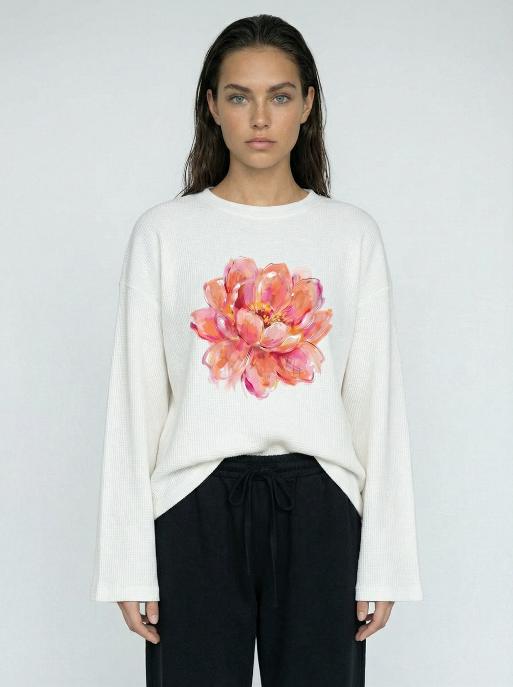 Romantic Waffle Raw Edge Long Sleeve Tee