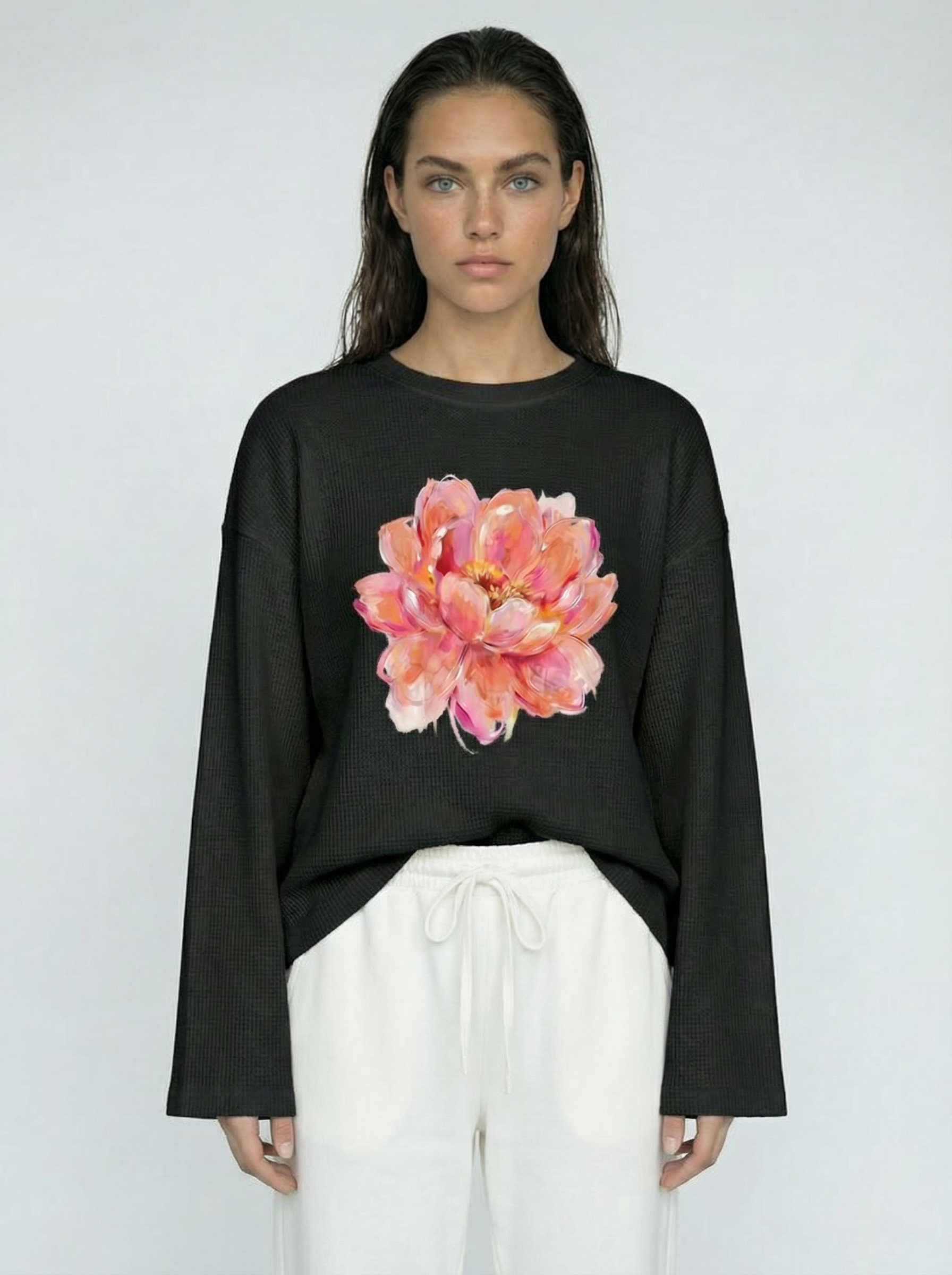 Romantic Waffle Raw Edge Long Sleeve Tee