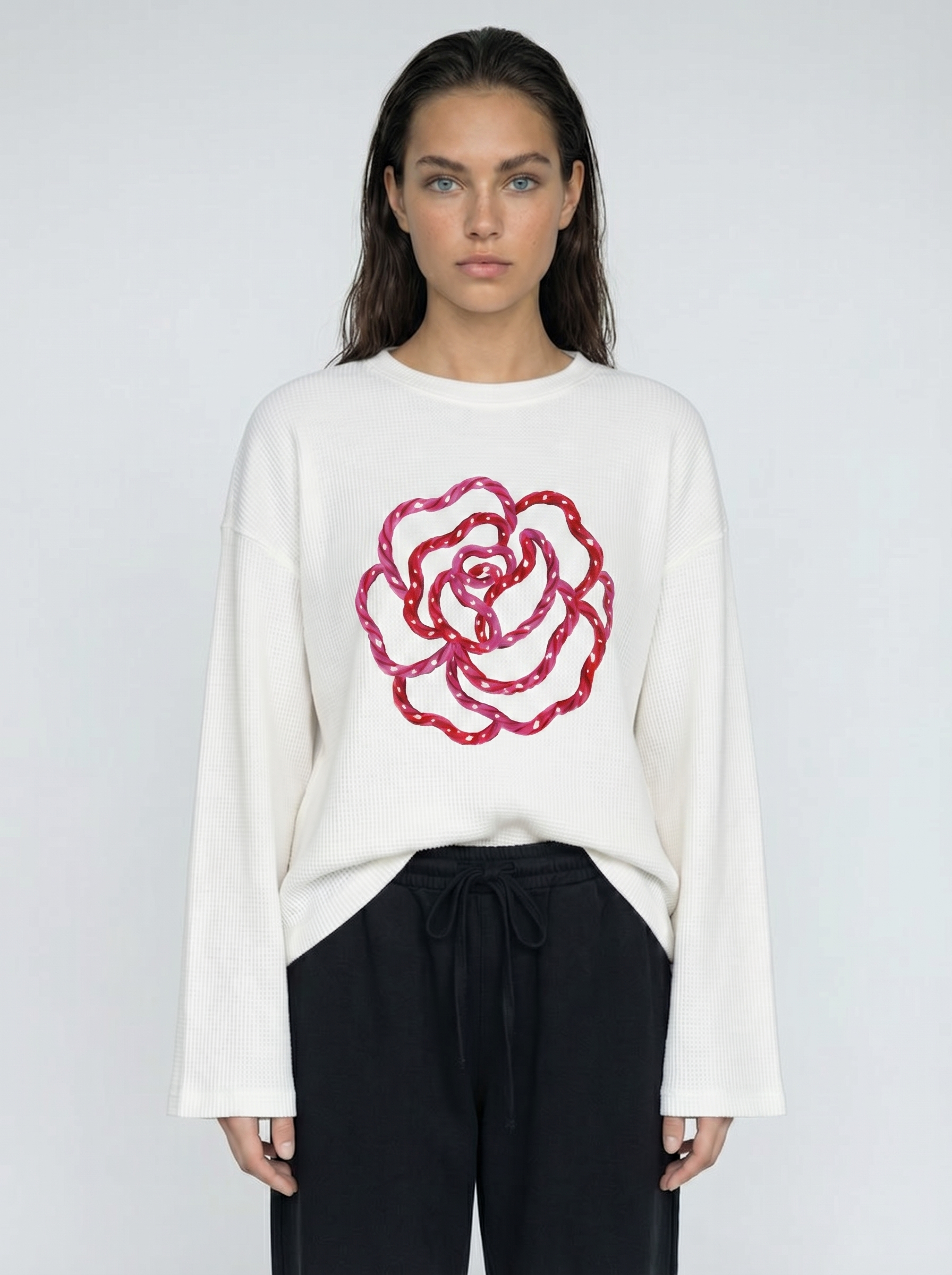 Pink Flower Art Waffle Raw Edge Long Sleeve Tee