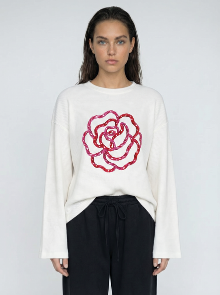 Pink Flower Art Waffle Raw Edge Long Sleeve Tee