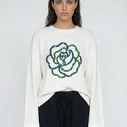 Blue Flower Art Waffle Raw Edge Long Sleeve Tee