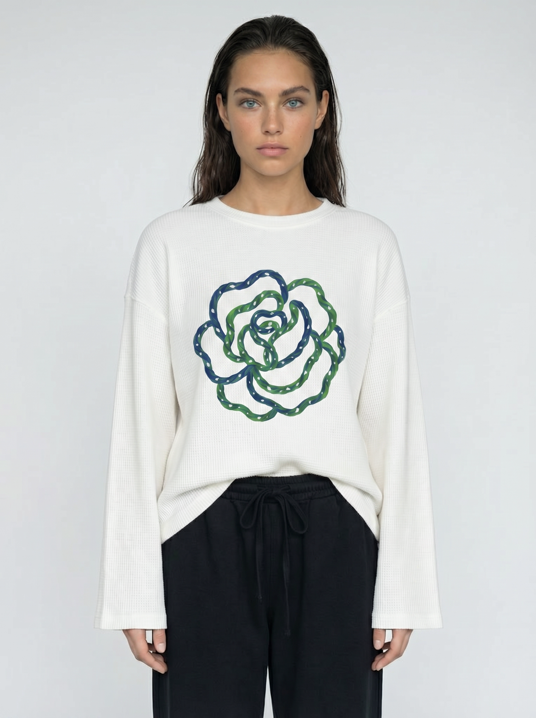Blue Flower Art Waffle Raw Edge Long Sleeve Tee