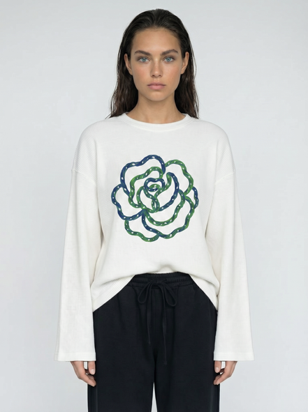 Blue Flower Art Waffle Raw Edge Long Sleeve Tee