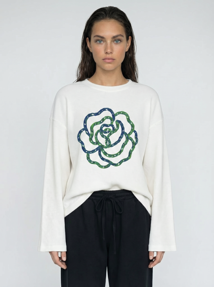 Blue Flower Art Waffle Raw Edge Long Sleeve Tee