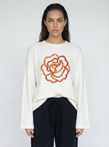 Orange Flower Art Waffle Raw Edge Long Sleeve Tee