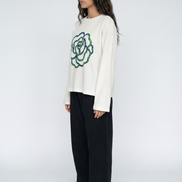 Blue Flower Art Waffle Raw Edge Long Sleeve Tee