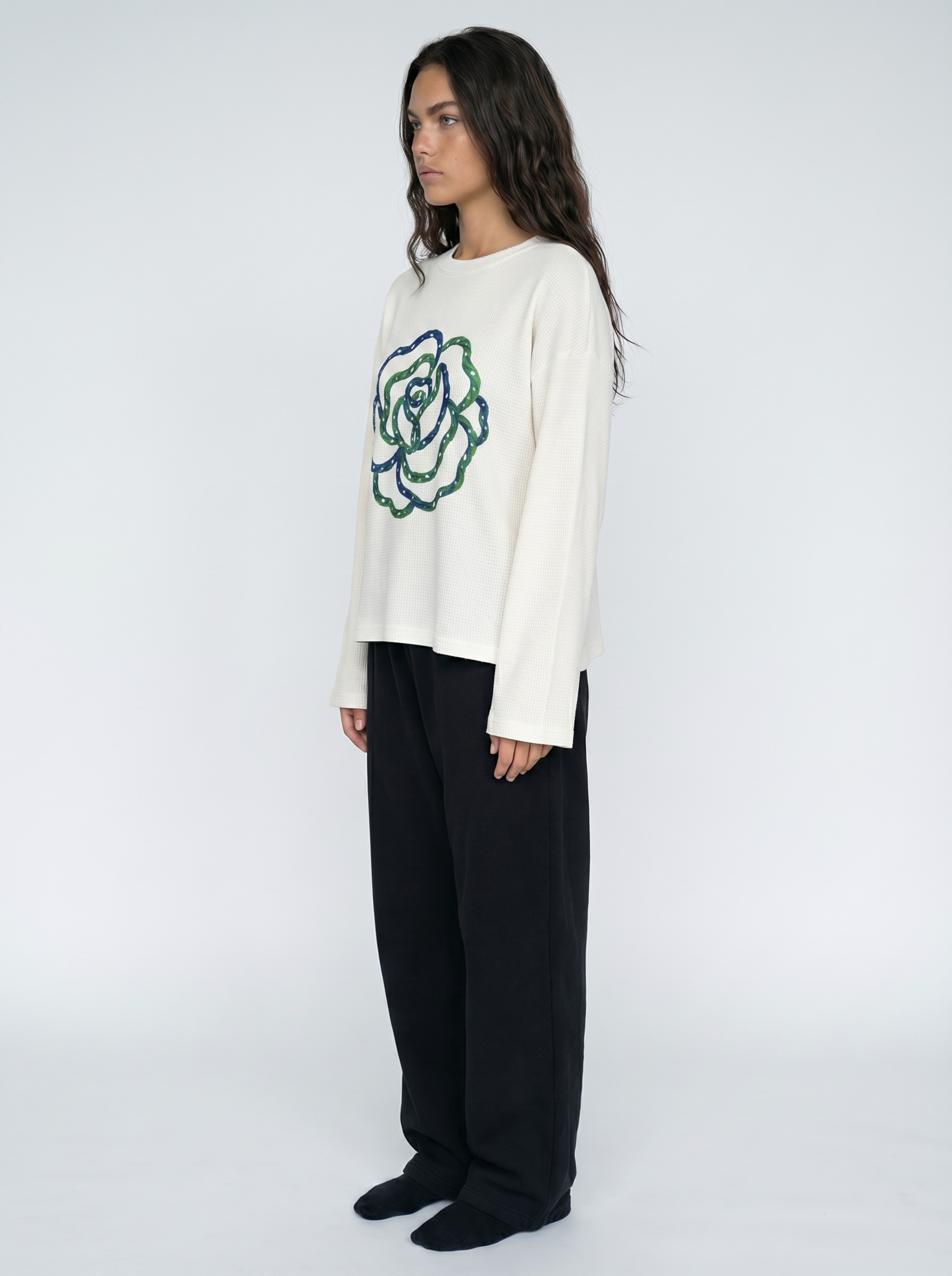 Blue Flower Art Waffle Raw Edge Long Sleeve Tee