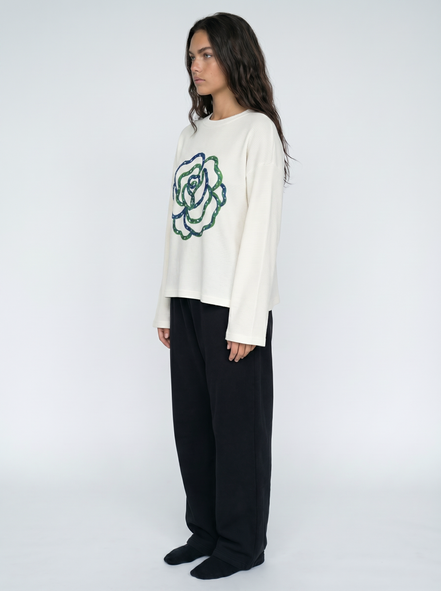 Blue Flower Art Waffle Raw Edge Long Sleeve Tee