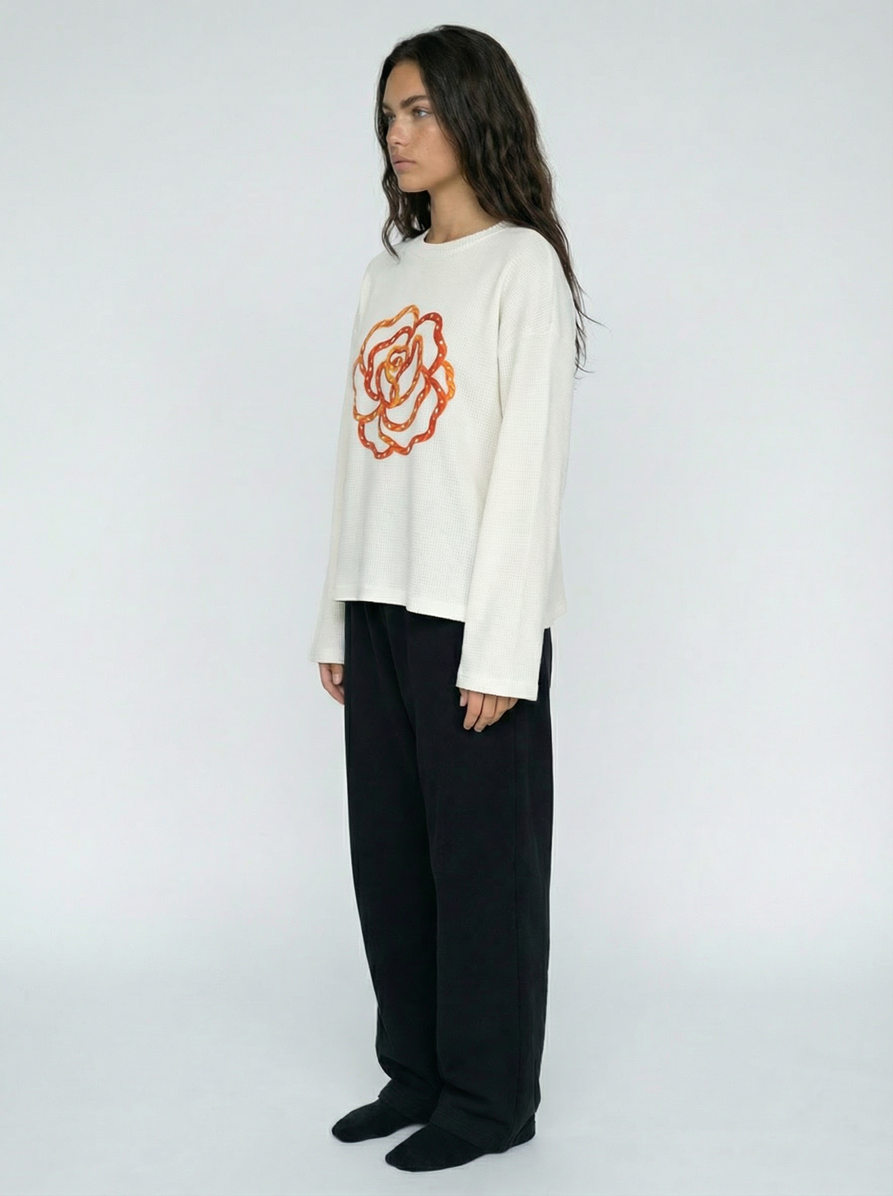 Orange Flower Art Waffle Raw Edge Long Sleeve Tee