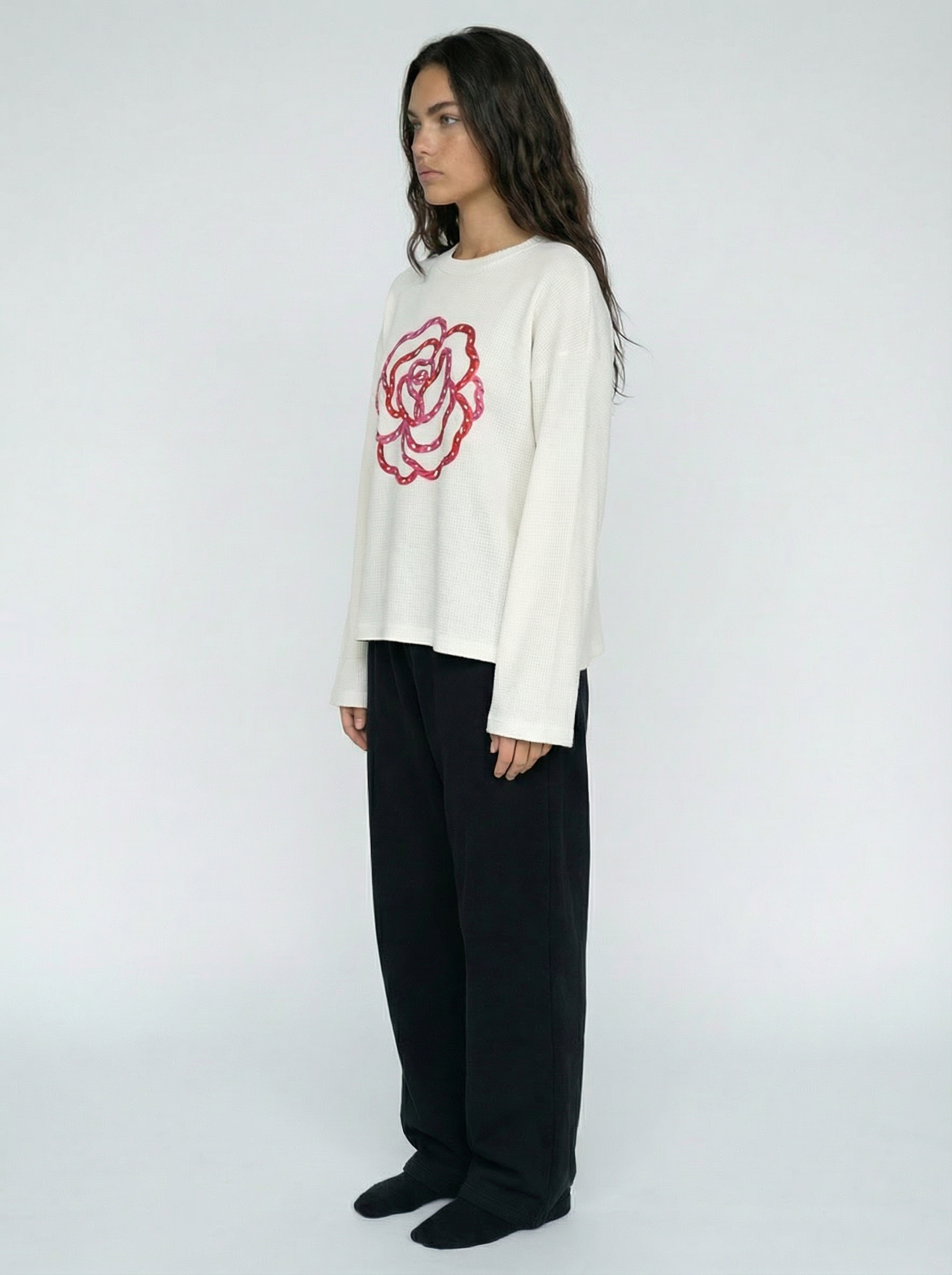 Pink Flower Art Waffle Raw Edge Long Sleeve Tee