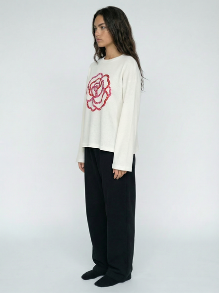 Pink Flower Art Waffle Raw Edge Long Sleeve Tee