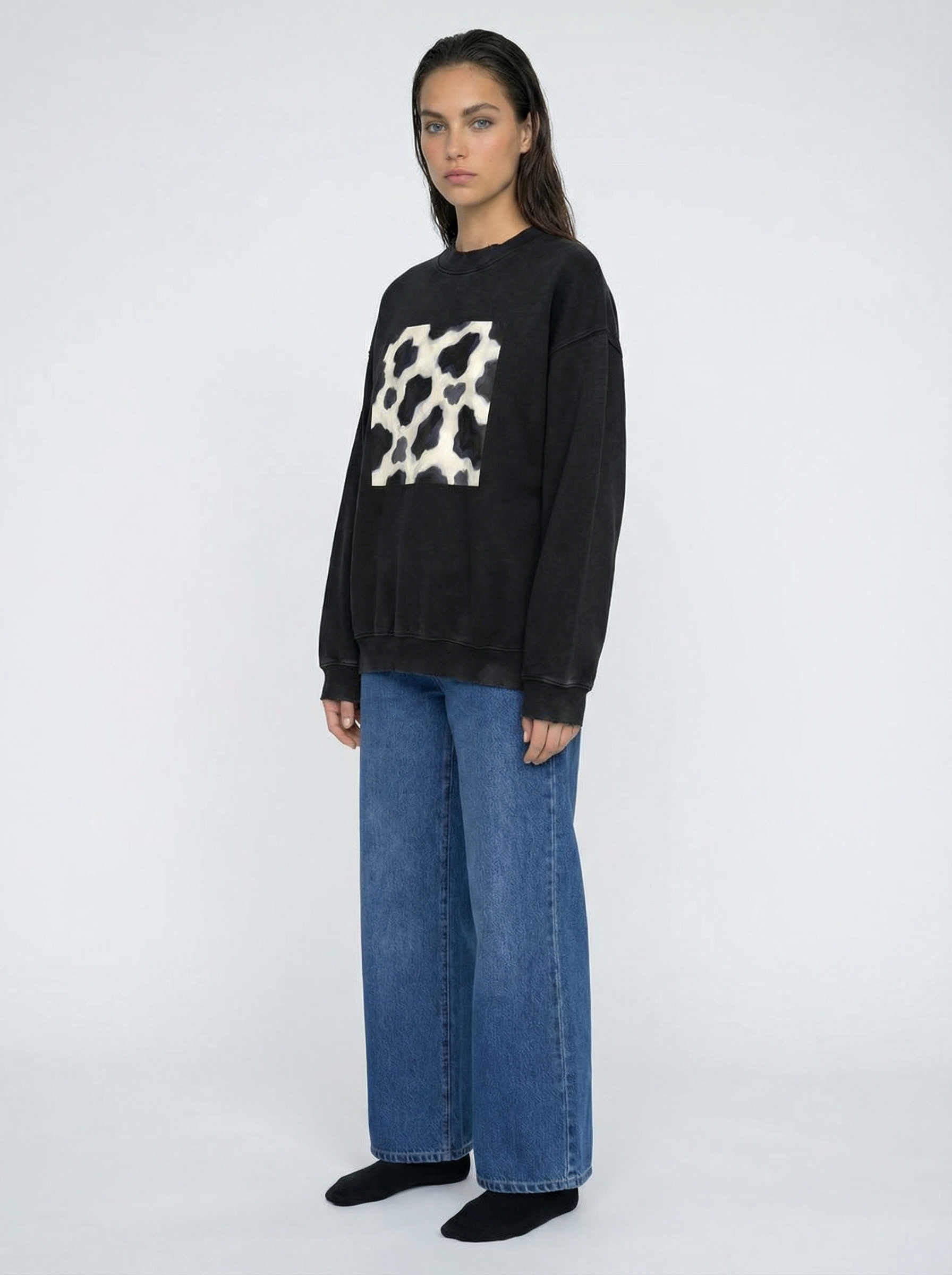 Cow Print Drop Shoulder Sweatshirt