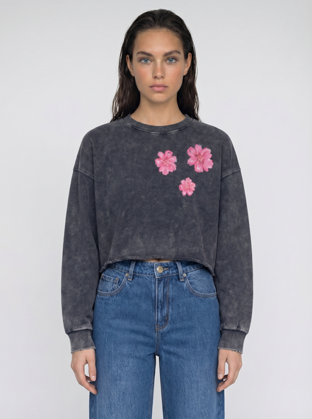 Nostalgic Snow Washed Raw Edge Cropped Sweatshirt