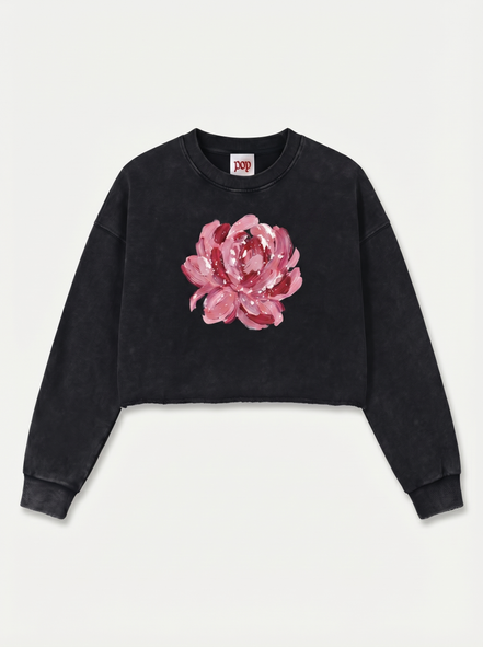 Romantic Snow Washed Raw Edge Cropped Sweatshirt