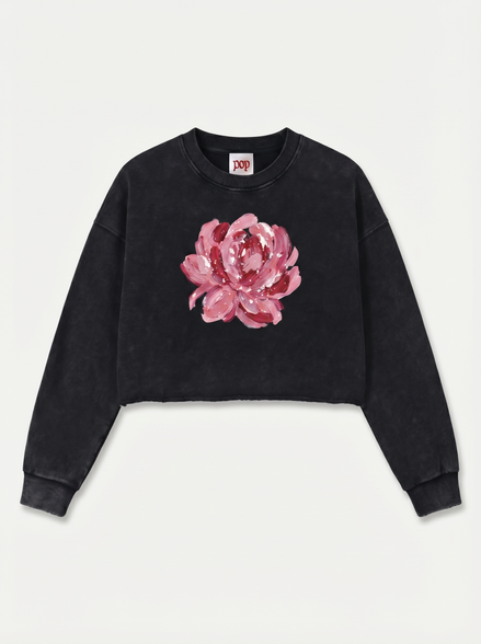 Romantic Snow Washed Raw Edge Cropped Sweatshirt