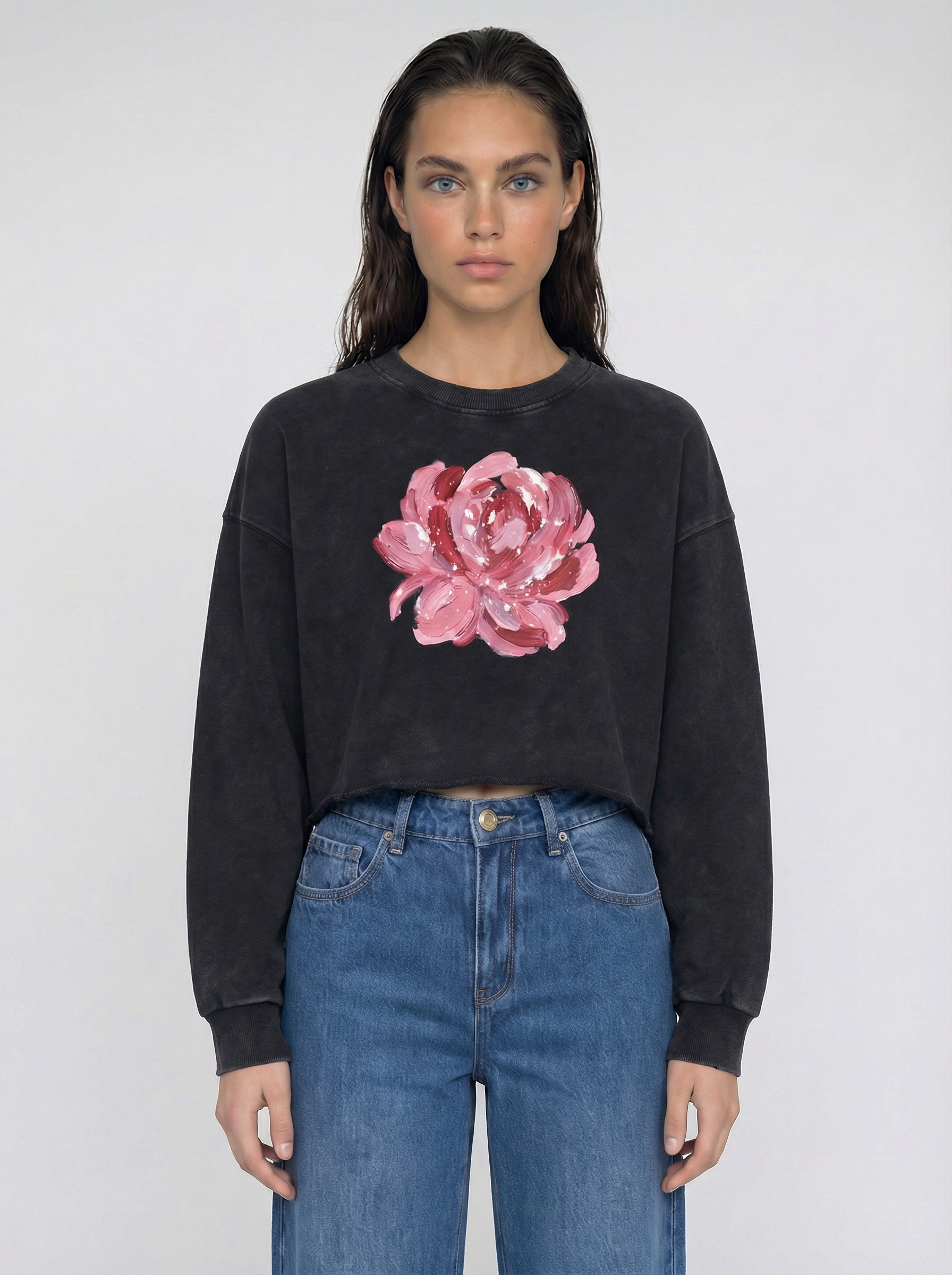 Romantic Snow Washed Raw Edge Cropped Sweatshirt