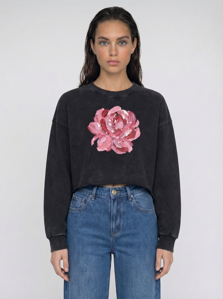 Romantic Snow Washed Raw Edge Cropped Sweatshirt