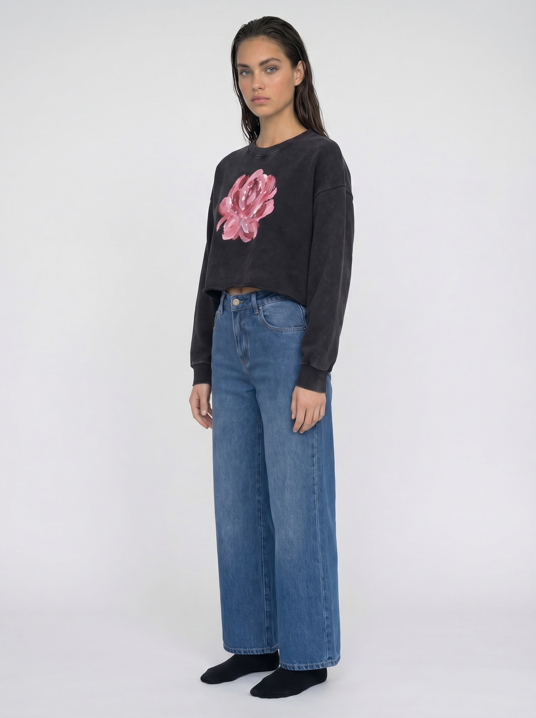 Romantic Snow Washed Raw Edge Cropped Sweatshirt