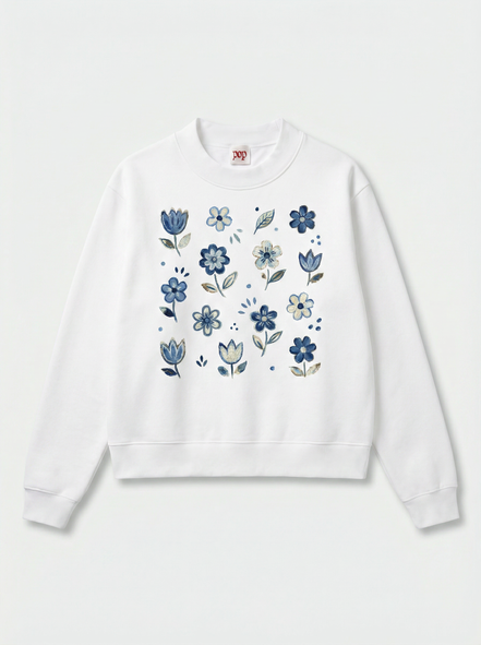 Nostalgic Floral Mock-Neck Crew Sweatshirt