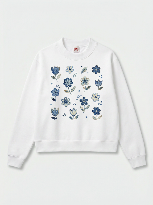 Nostalgic Floral Mock-Neck Crew Sweatshirt
