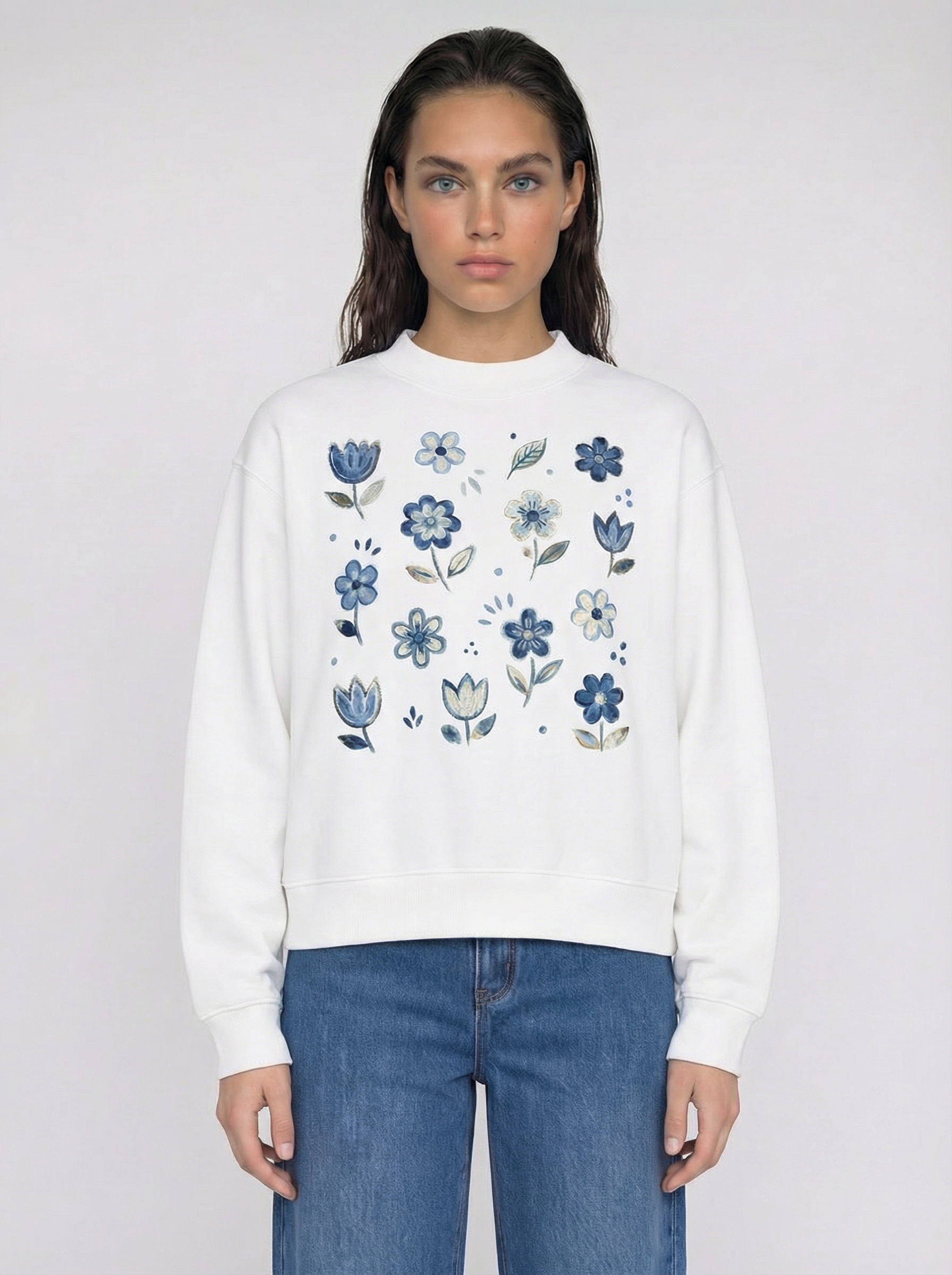 Nostalgic Floral Mock-Neck Crew Sweatshirt