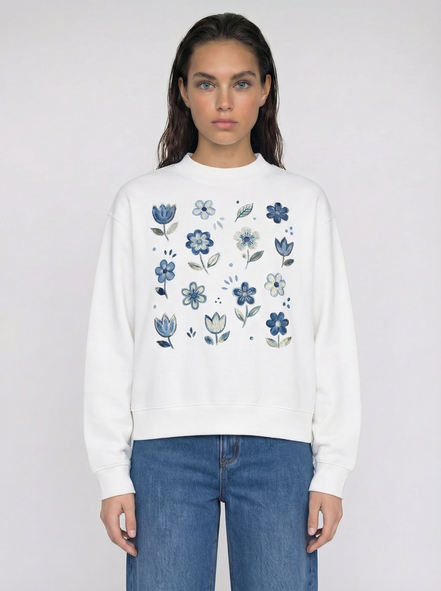 Nostalgic Floral Mock-Neck Crew Sweatshirt