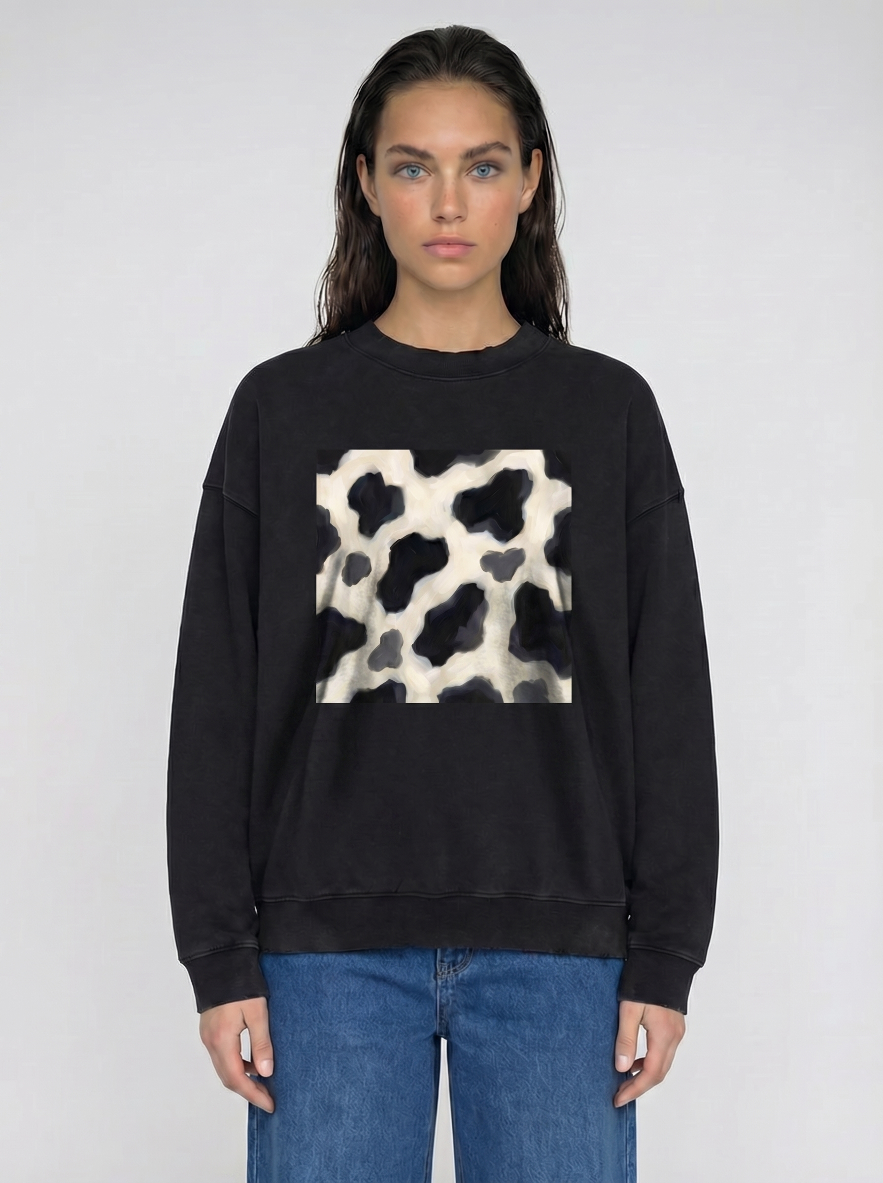 Cow Print Drop Shoulder Sweatshirt