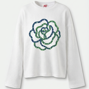 Blue Flower Art Waffle Raw Edge Long Sleeve Tee