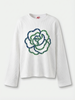 Blue Flower Art Waffle Raw Edge Long Sleeve Tee