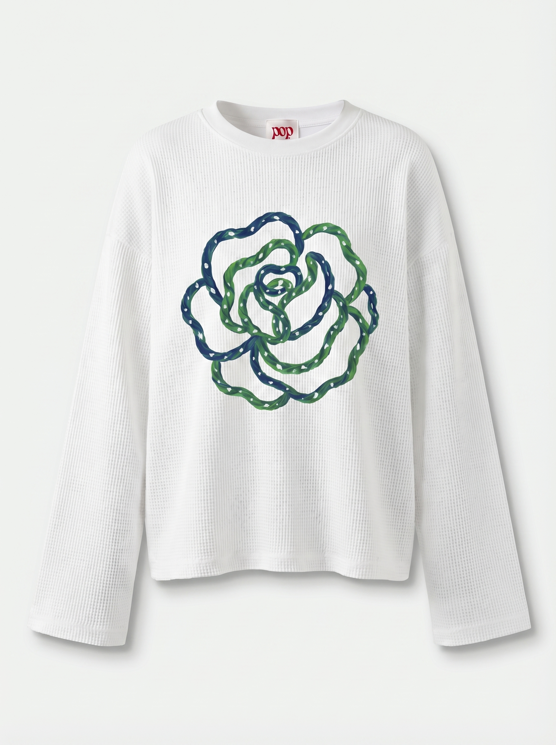 Blue Flower Art Waffle Raw Edge Long Sleeve Tee
