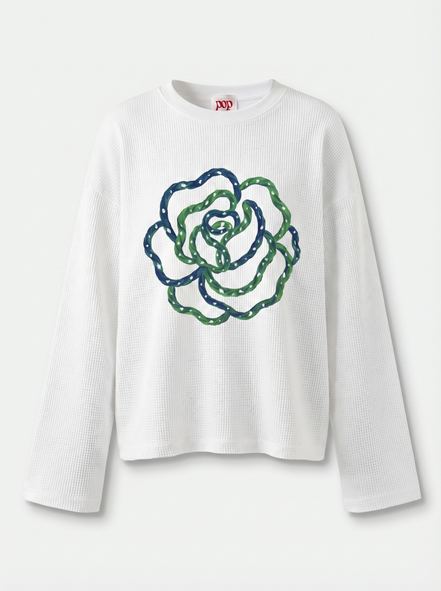 Blue Flower Art Waffle Raw Edge Long Sleeve Tee