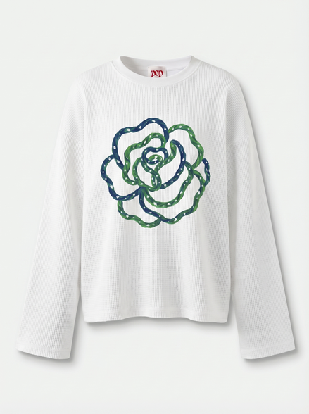 Blue Flower Art Waffle Raw Edge Long Sleeve Tee