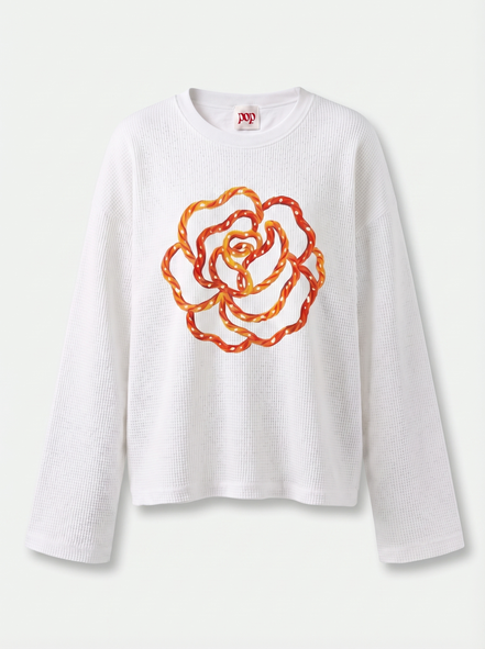 Orange Flower Art Waffle Raw Edge Long Sleeve Tee