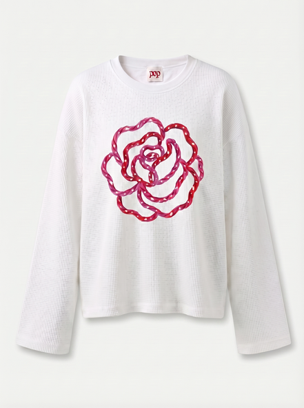 Pink Flower Art Waffle Raw Edge Long Sleeve Tee