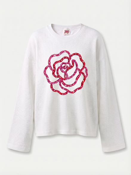 Pink Flower Art Waffle Raw Edge Long Sleeve Tee